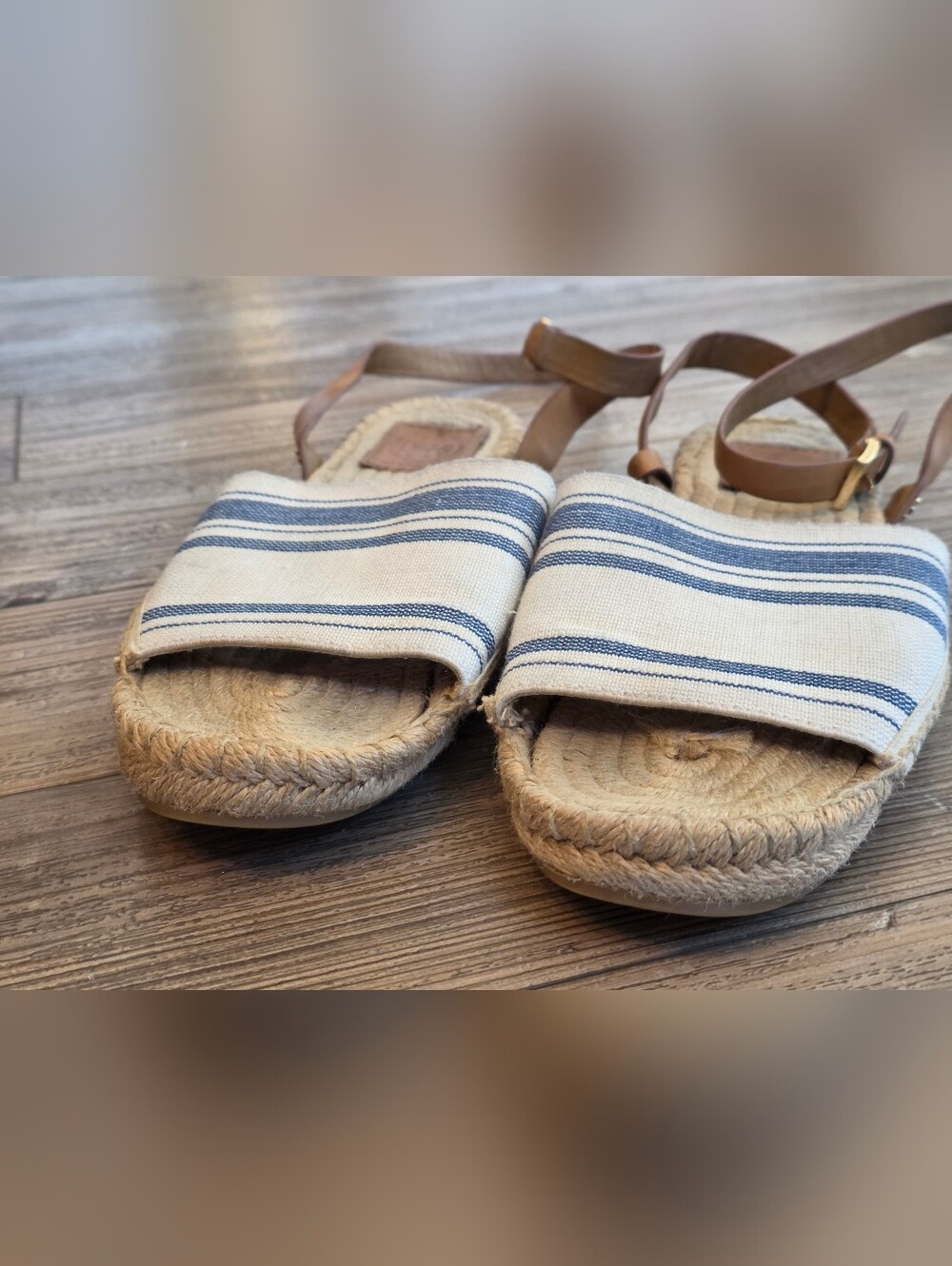 Tory Burch Blue-Striped Canvas Espadrille Sandals with Tan Leather Straps - Picture 2 of 6